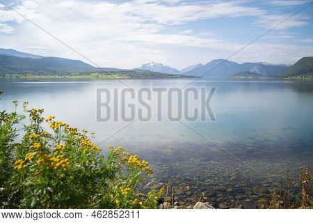 Landscape View Of The Fiords And Mountains In Lofoten Islands, Norway. High Quality Photo