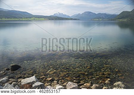 Landscape View Of The Fiords And Mountains In Lofoten Islands, Norway. High Quality Photo