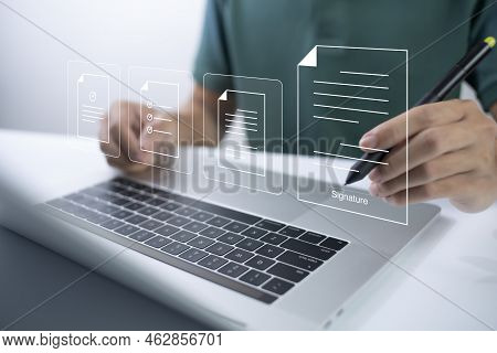 Businessman, Work From Home, Handling Documents, E-signing, Signing Digital Contracts Electronic Sig