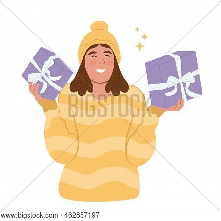 Happy Smiling Woman Holding Gift Boxes. Gift Giving Concept. Vector