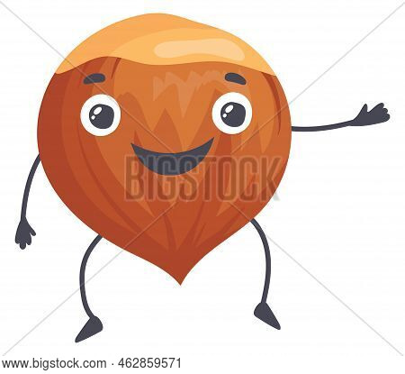 Smiling Hazelnut. Nut Character. Helathy Snack Mascot Isolated On White Background