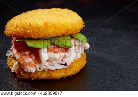 Pan-asian Cuisine Concept. Japanese Sushi Burger Made From Rice Bread, Crab Meat, Avokado And Wasabi