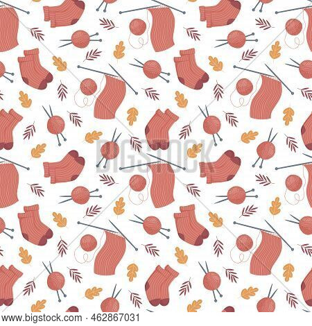 Seamless Pattern With Knitted Socks, Balls Of Yarn With Knitting Needles And Bound Canvas.tools For 