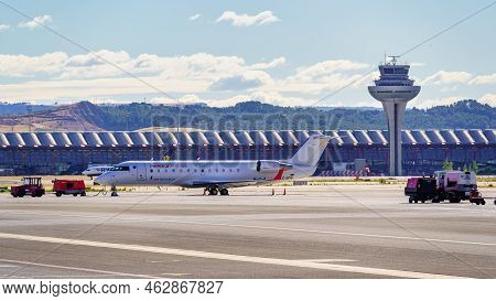 Madrid, Spain, October 30, 2022: Control Tower And Madrid Barajas Airport On A Sunny Day.