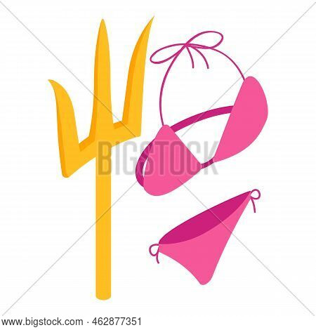 Sea Holiday Icon Isometric Vector. Women Pink Swimsuit And Poseidon Trident Icon. Summer Accessory, 