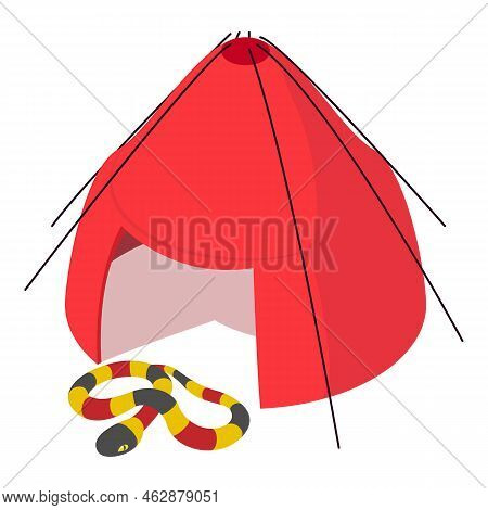 Coral Snake Icon Isometric Vector. Bright Milk Snake Near Open Red Camping Tent. Camping, Ecotourism