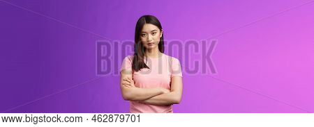 Bothered And Pissed Asian Woman Brunette, Cross Arms Chest Block, Feeling Offended Annoyed, Stare Di