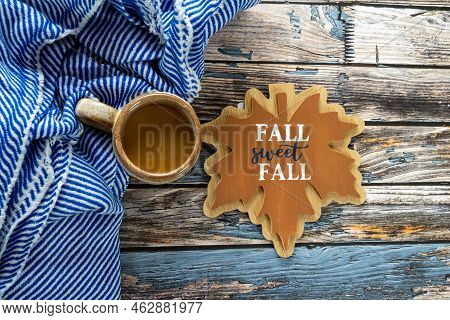 Simple Rustic Fall Autumn Arragement With A Maple Leave Expression, Striped Blanket, Coffee Cup On A