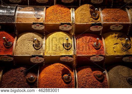 Istanbul, Turkey - May 21, 2022: Selective Blur On Piles Of Spices Of Various Colors And Tastes, Use