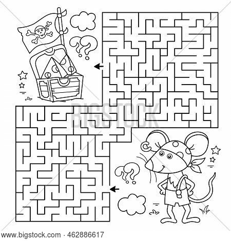 Maze Or Labyrinth Game. Puzzle. Coloring Page Outline Of Cartoon Little Pirate Mouse With Chest Of T