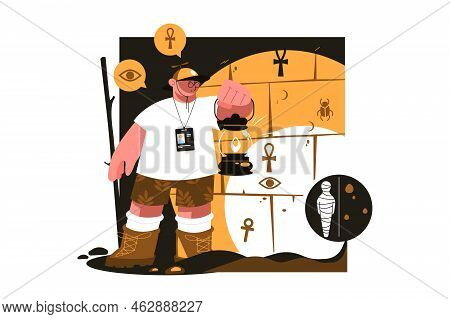 Guy In Ancient Tomb Or Sepulcher With Treasures Vector Illustration. Man With Lamp Finding Hidden Tr