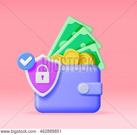 3d Wallet With Shield And Padlock Isolated. Render Leather Purse And Pad Lock. Protect Wallet Icon. 