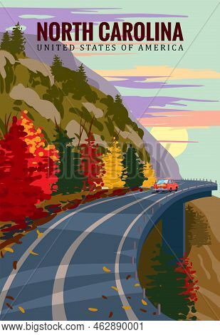 North Carolina Travel Vintage Poster, Autumn Road, Car, Mountains. Retro Illustration