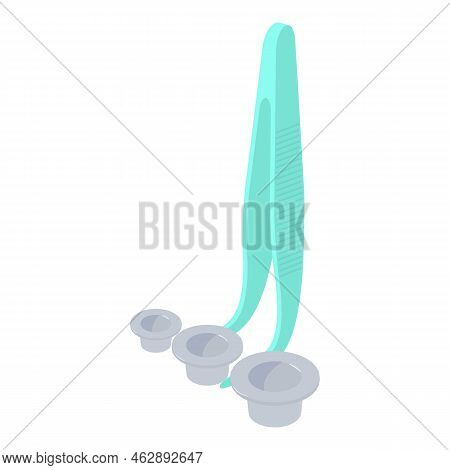 Cosmetic Accessory Icon Isometric Vector. Three Pigment Cup And Blue Tweezer. Body Art, Coloring, Fa