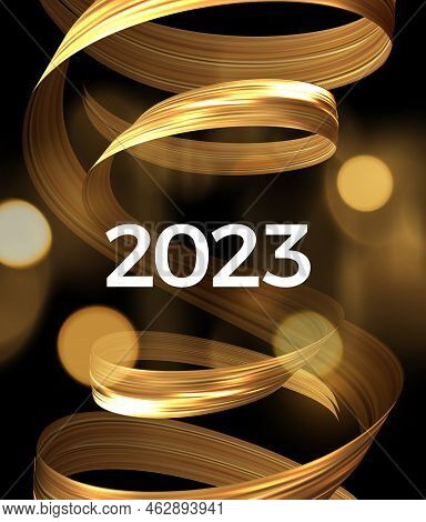 2023 Text New Year Background With Golden Culed Ribbons. Vector Eps10