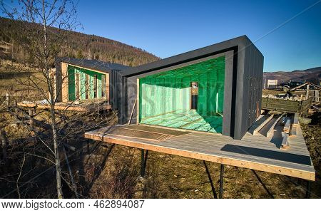 Drone View Of Two Wooden Frame Houses In The Scandinavian Style Barnhouse Thermal Insulated By Polyu