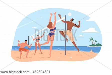 People Playing Beach Volleyball On Summer Holiday. Players Teams On Sand Court With Net At Sea Coast
