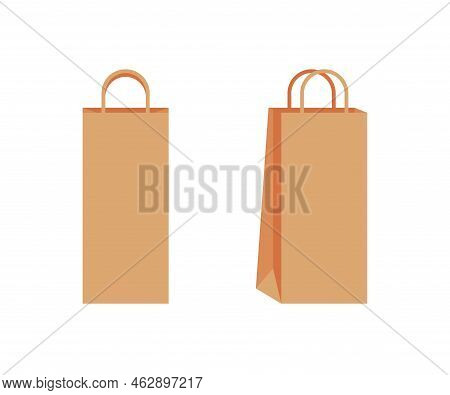 Paper Bag With Handle Template Of Shopping. Brown Craft Paper Pack For Gift, Food, Item. Take Away, 