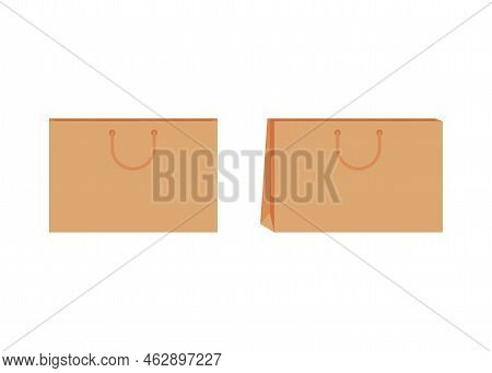 Paper Bag With Handle Template Of Shopping. Brown Craft Paper Pack For Gift, Food, Item. Take Away, 
