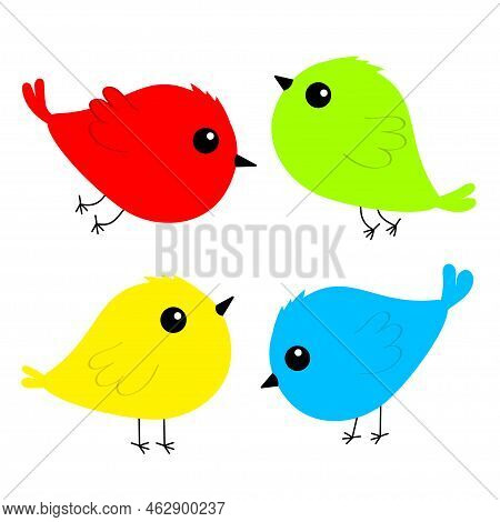 Four Bird Set Icon. Cute Kawaii Cartoon Funny Baby Character. Birds Collection. Animal. Decoration E