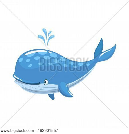 Cartoon Cheerful Blue Whale Character. Cute Personage Of Vector Sea Animal, Ocean Underwater Fish Or