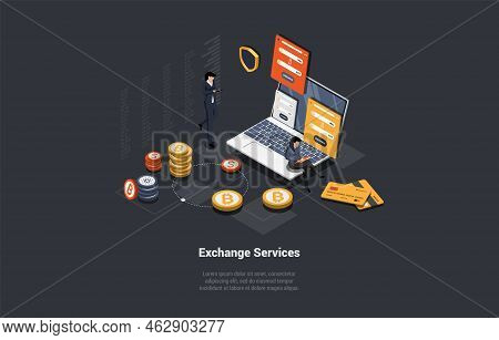 Currency Exchange Service Concept Characters Buy And Sell Currency With Mobile App And P2p Service. 