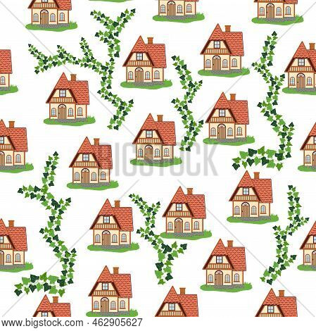 Seamless Pattern With Houses And Ivy Branches, Plants, English Old House, Scandinavian Traditions