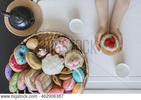 Toy Food Knitted From Yarn. Sweets, Pastries, Cookies And Cakes.