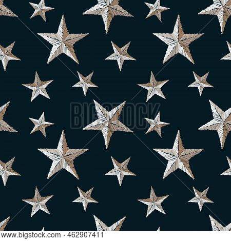 Silver Stars On A Dark Background Seamless Pattern.