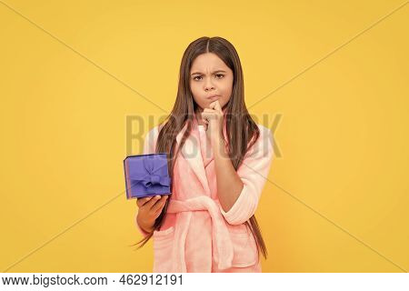 Childhood Happiness. Good Morning. Kid Wear Soft Nightsuit With Gift Box. Child In Cozy Sleepwear.