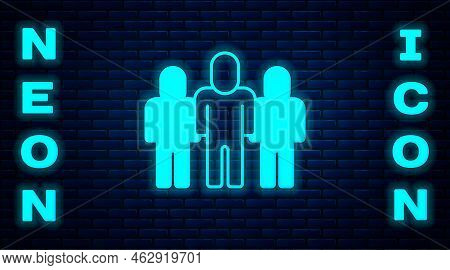 Glowing Neon Project Team Base Icon Isolated On Brick Wall Background. Business Analysis And Plannin