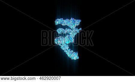 Blue Brilliants Or Ice Crystals Rupee Sign On Black Bg, Isolated - Object 3d Rendering