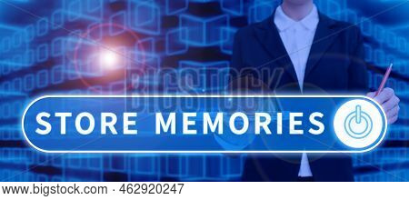 Sign Displaying Store Memories. Conceptual Photo A Process Of Inputting And Storing Data Previously 
