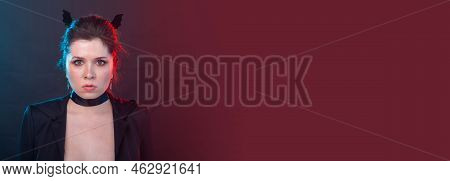 Banner Halloween, Holidays And Carnival Concept - Vamp Woman In Jacket And With Bat Ears In Gothic S