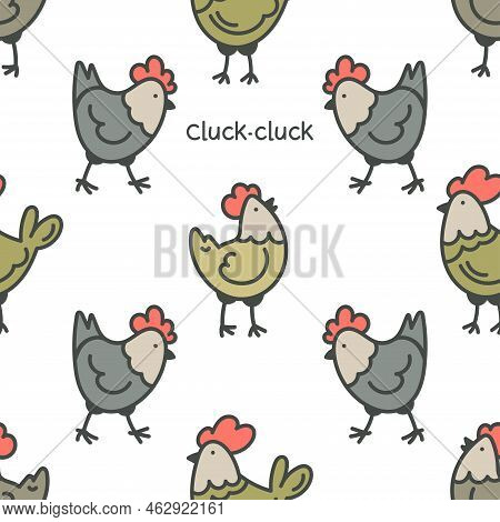 Farm Birds Family. Chicken Characters. Seamless Pattern Background For Your Design