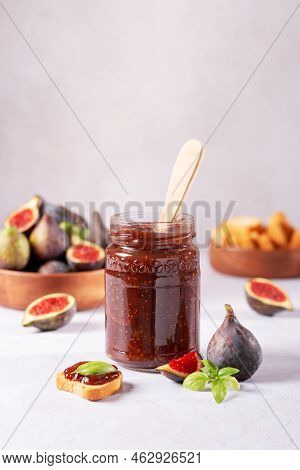 Autumn Preserves From Local Produce, Fig Jam Or Fig Marmalade On Light Grey Table With Fresh, Ripe F
