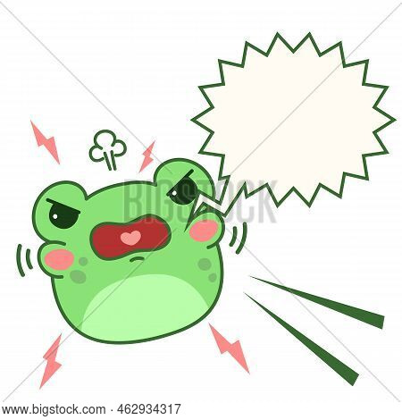 Angry Frog. Toad Head In Kawaii Cartoon Style. Hand Drawn Animal With Bubble Speech. Pet Vector Illu