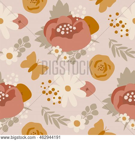 Boho Peony Pattern. Patel Boho Floral Summer Print. Earth Tone Peony Seamless Pattern In Vector. Blo