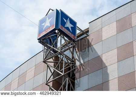 Leuven, Flemish Brabant - Belgium - 06 20 2021 Abstract View Of The Facade And Logo Of The Kinepolis