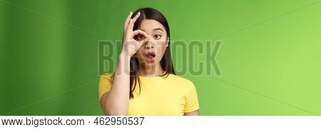 Amazed Speechless Cute Asian Young Girl Drop Jaw Astonished, Look Through Ok Circle Sign, Drop Jaw S