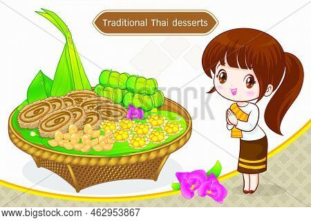 Thai Character In Traditional Costume Sawasdee And Welcome Presenting Traditional Thai Dessert