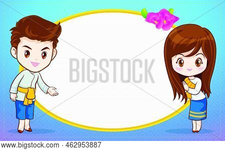 Thai Couple Cartoon Character In Traditional Costume Presenter Sawasdee And Welcome For Menu Templat