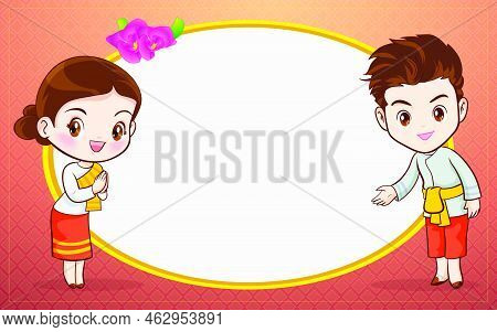 Thai Couple Cartoon Character In Traditional Costume Presenter Sawasdee And Welcome For Menu Templat