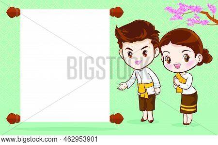 Thai Couple Cartoon Character In Traditional Costume Presenter Sawasdee And Welcome For Menu Templat
