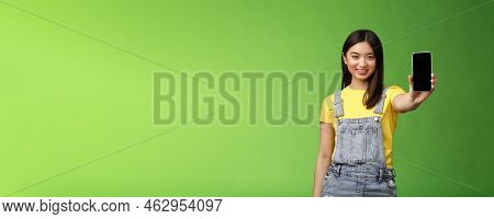 Self-assured Attractive Asian Brunette Show Smartphone Screen, Introduce New Telephone Appllication,