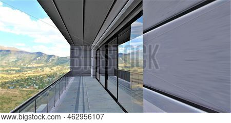 The Concept Of An Advanced Balcony With A Concrete Floor And Walls Finished With Aluminum Panels Wit