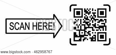 Scan Here Template With Qr Code Pictogram. Quick Responce Matrix Barcode Readable By Smartphone Came