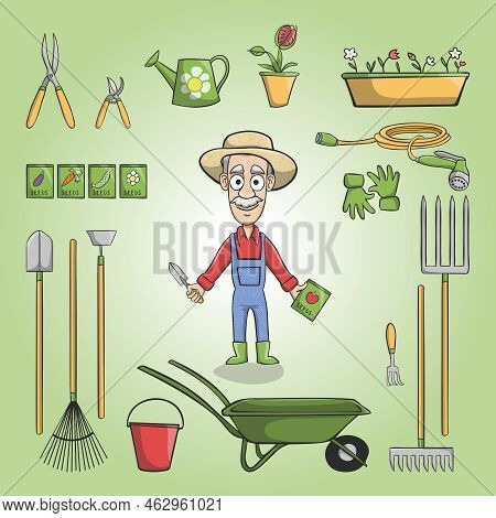 Happy Gardener Cartoon Character In Hat With Plants Seeds And Tools Set Vector Illustration