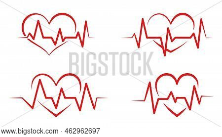 Heart Red Pulse Flat Icon Set. Heartbeat Life Cardiogram Isolated Sign. Health Care Medical Symbol. 