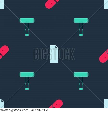 Set Broken Skateboard Deck, Grip Tape On And Skateboard T Tool On Seamless Pattern. Vector